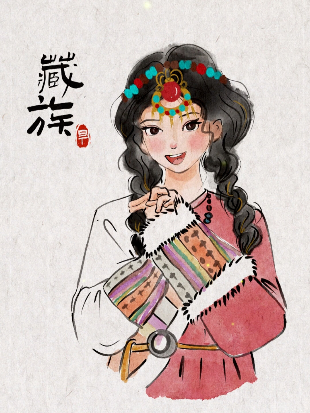 56个民族系列|手绘藏族女孩水墨画国风
