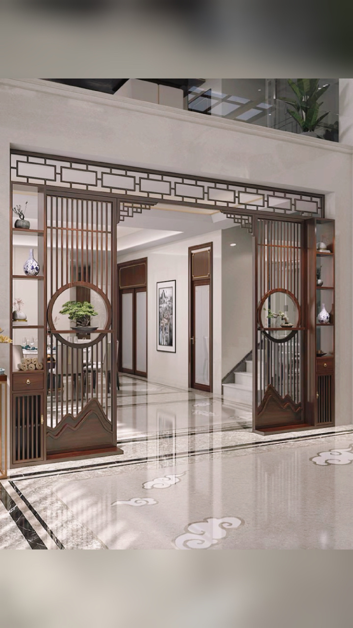 新中式实木入户玄关柜挡屏风客厅隔断拱门镂-度小视