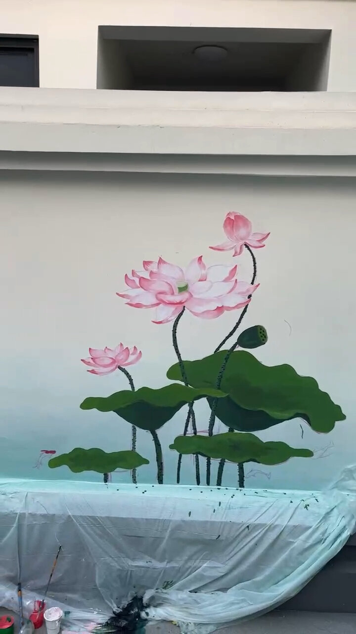 静雅小院,荷花,墙绘,手绘墙