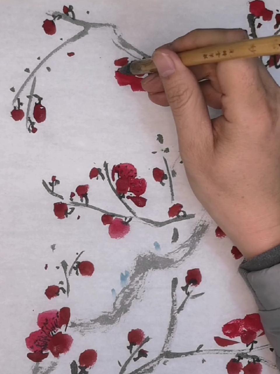 国画红梅画法 一起学画画 画画 唐山 国画 画梅花
