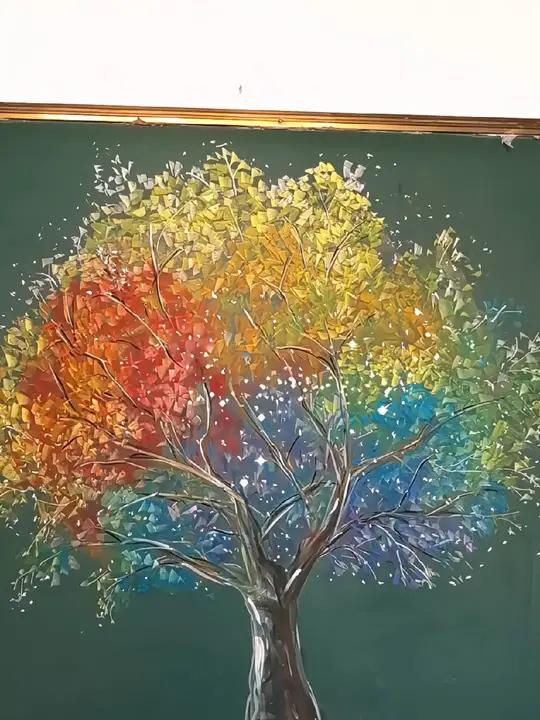 彩色树黑板报 简单黑板报 粉笔画 黑板报 黑板报粉笔画