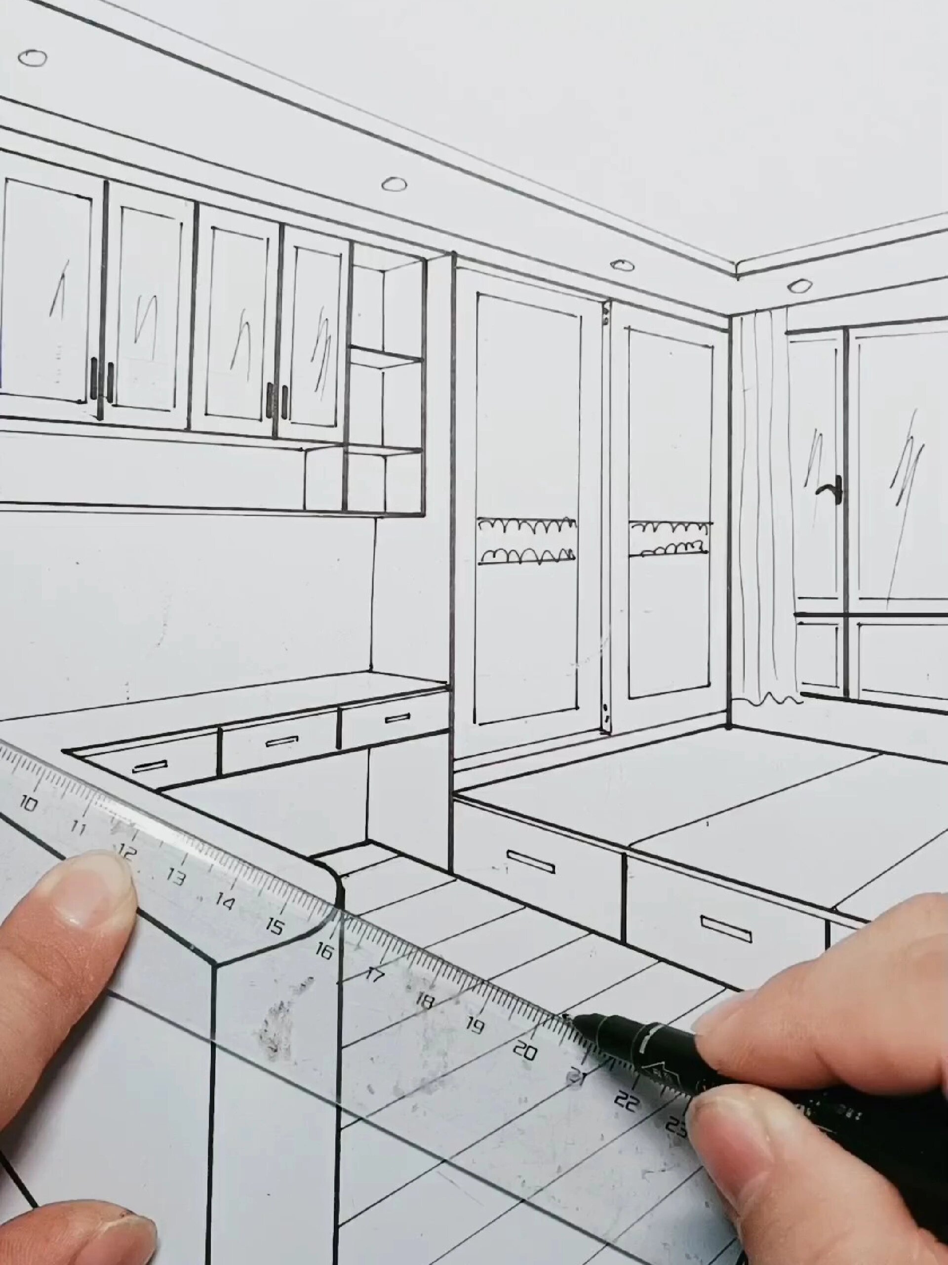 两点透视手绘卧室榻榻米转角学习桌怎么画