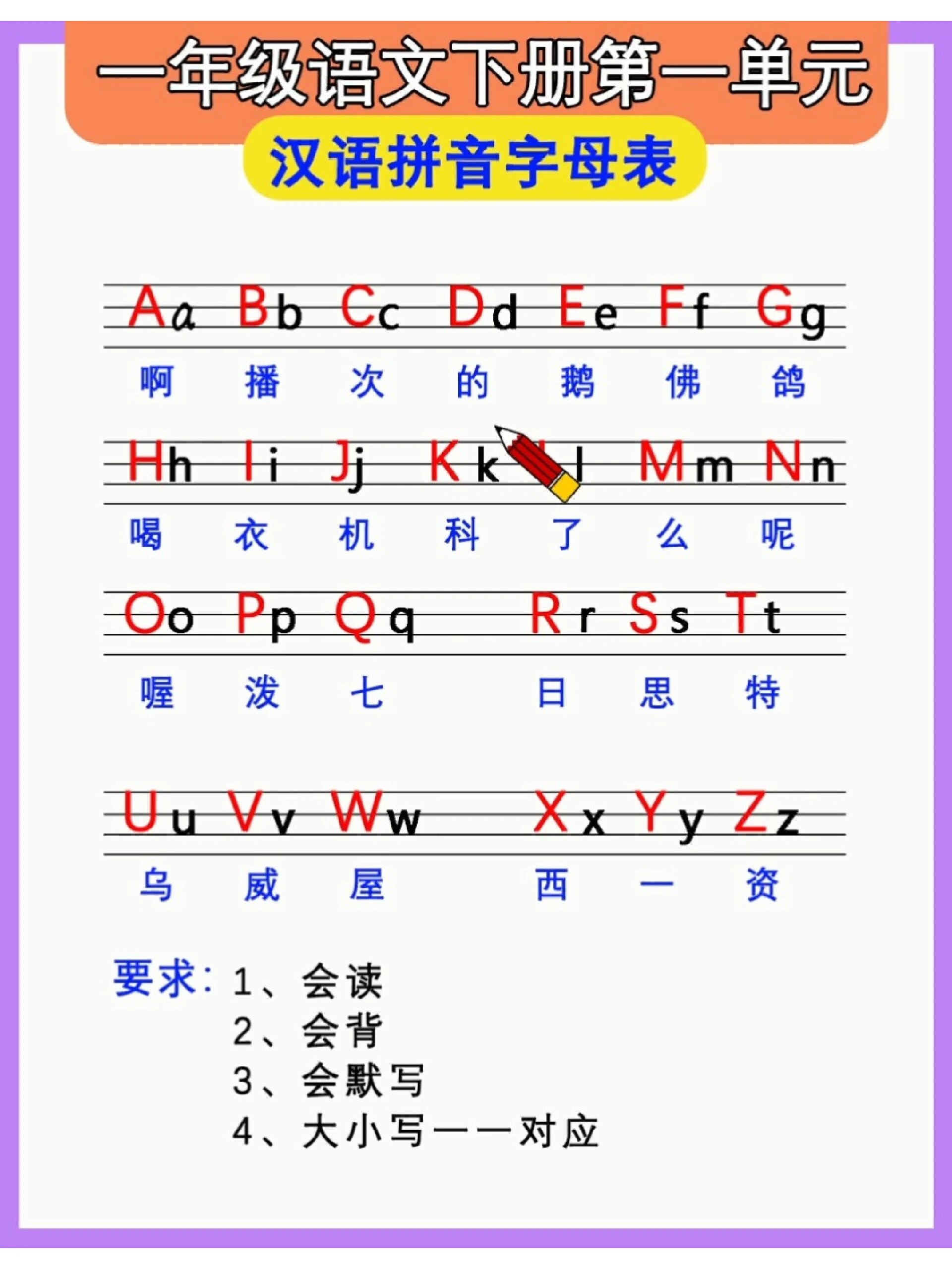 一年级拼音字母表格式图片