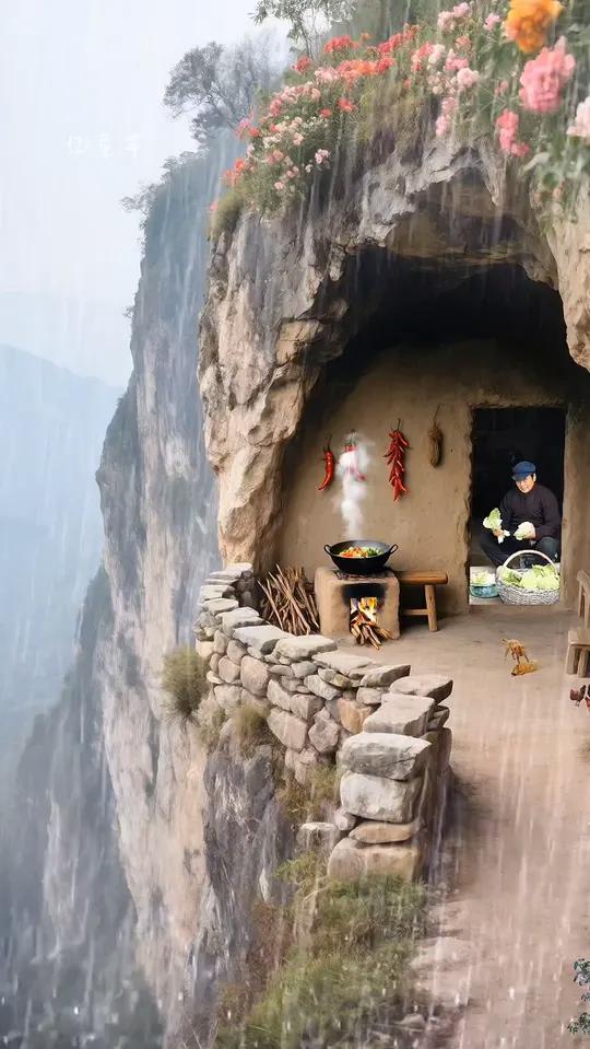 大山深处有人家,一户人家隐居在深山的山洞里,洞顶开满了茂盛的鲜花