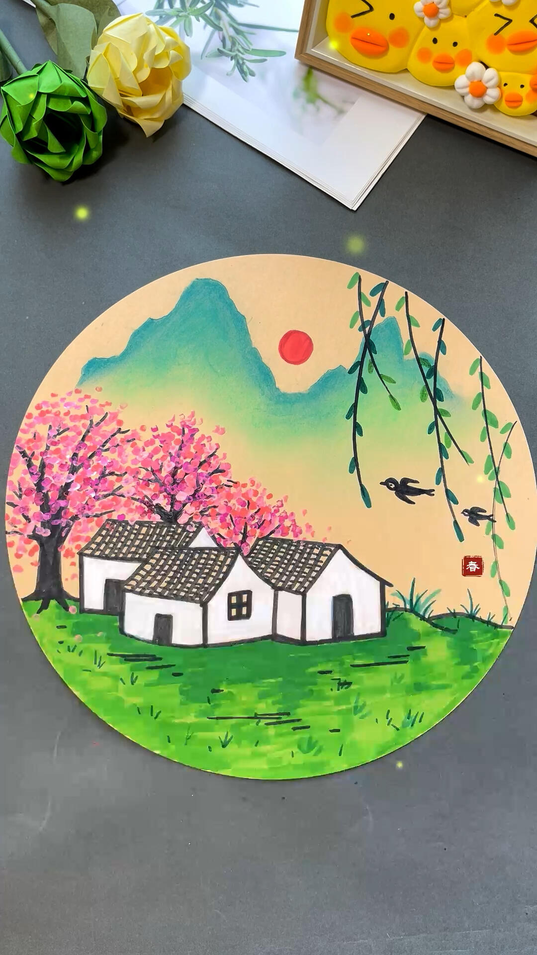 春天来了一起来画一幅春色图吧棉签可以用来画桃花哦