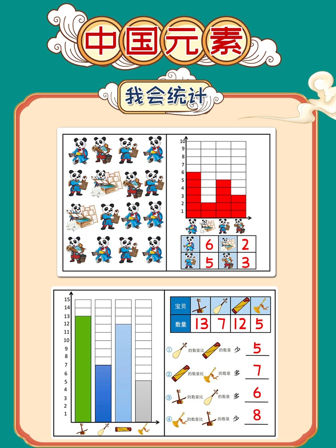 幼儿园大班数学区中国元素我会统计简单统计