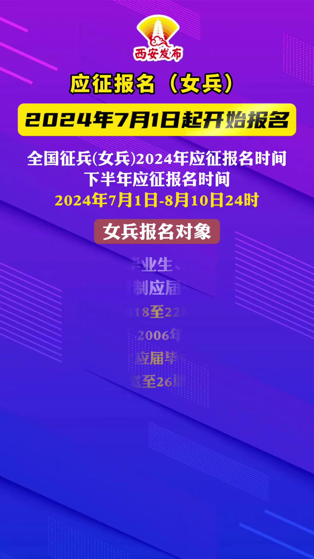 应征报名(女兵)2024年7月1日起开始报名!(来源:全国征兵网)