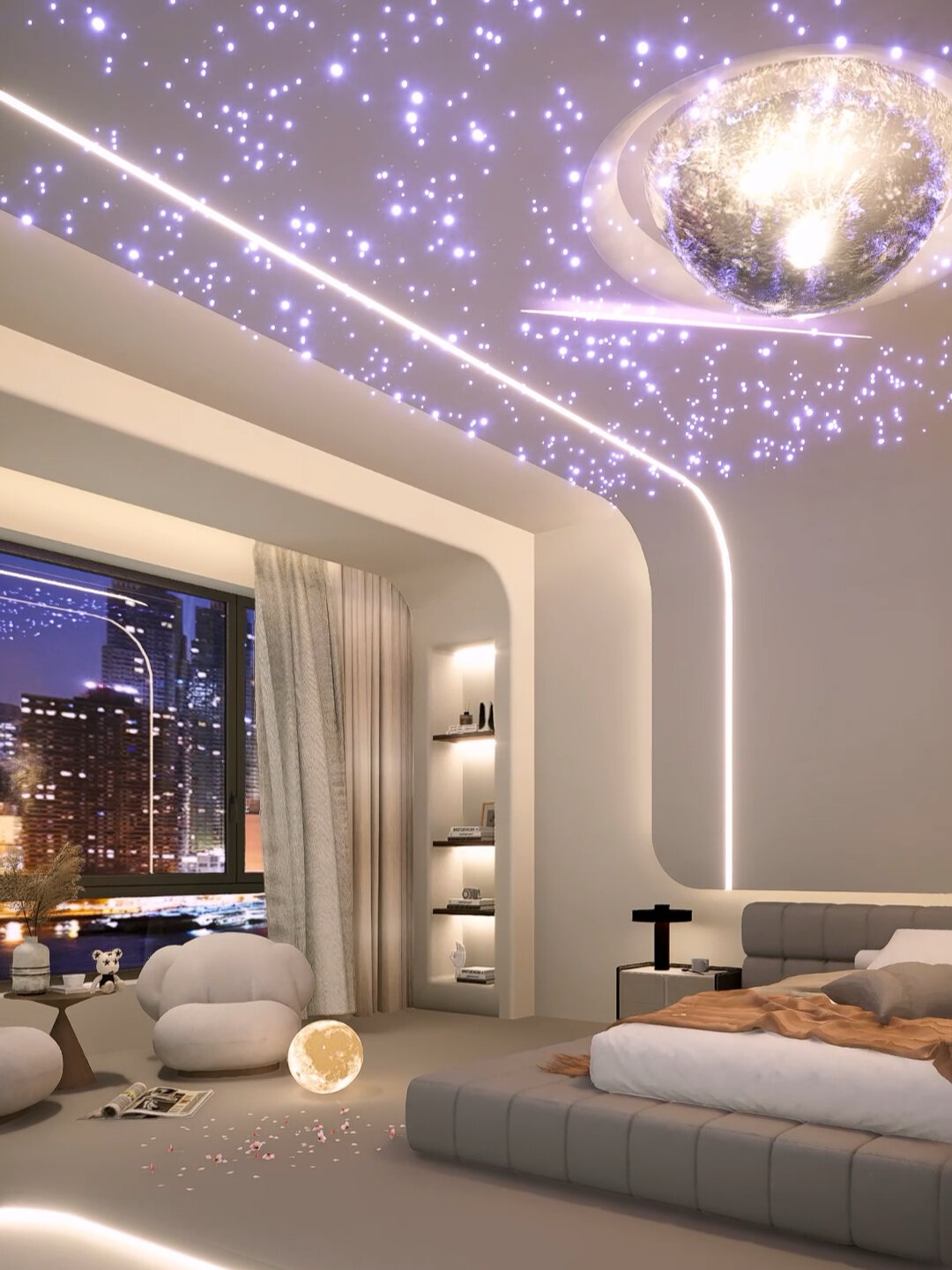 温馨现代简约卧室,星空顶宇宙氛围感满满!