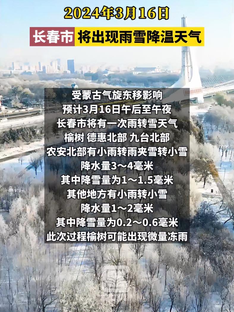 2024年3月16日,长春市将出现雨雪降温天气.长春就是长春