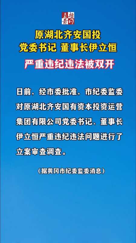 原湖北齐安国投党委书记,董事长伊立恒严重违纪违法被双开.