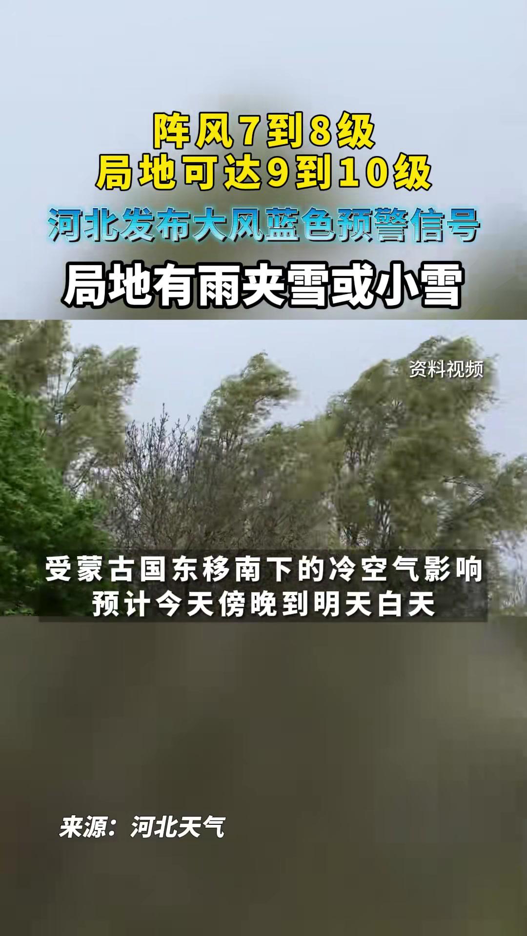 河北发布大风蓝色预警信号