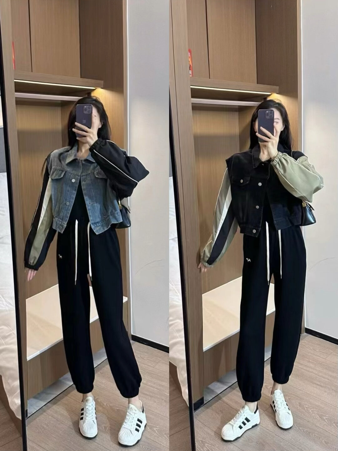 拼接牛仔外套搭配卫裤太酷啦