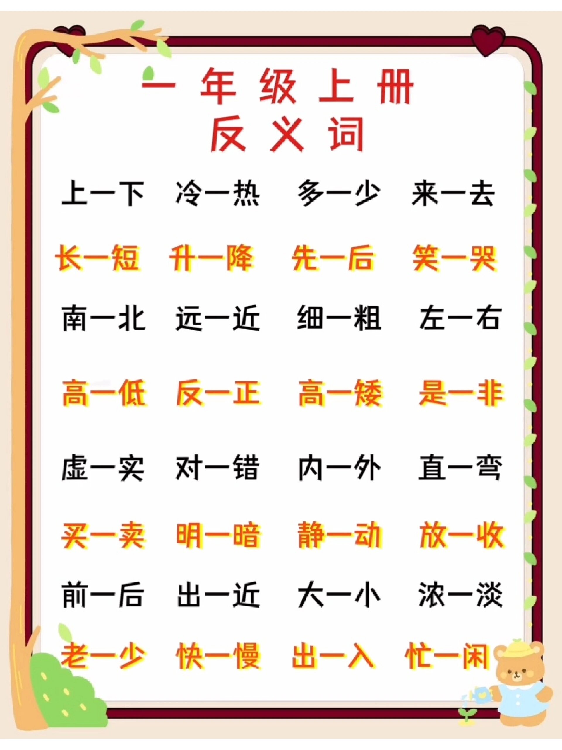 一年级语文上册必考反义词