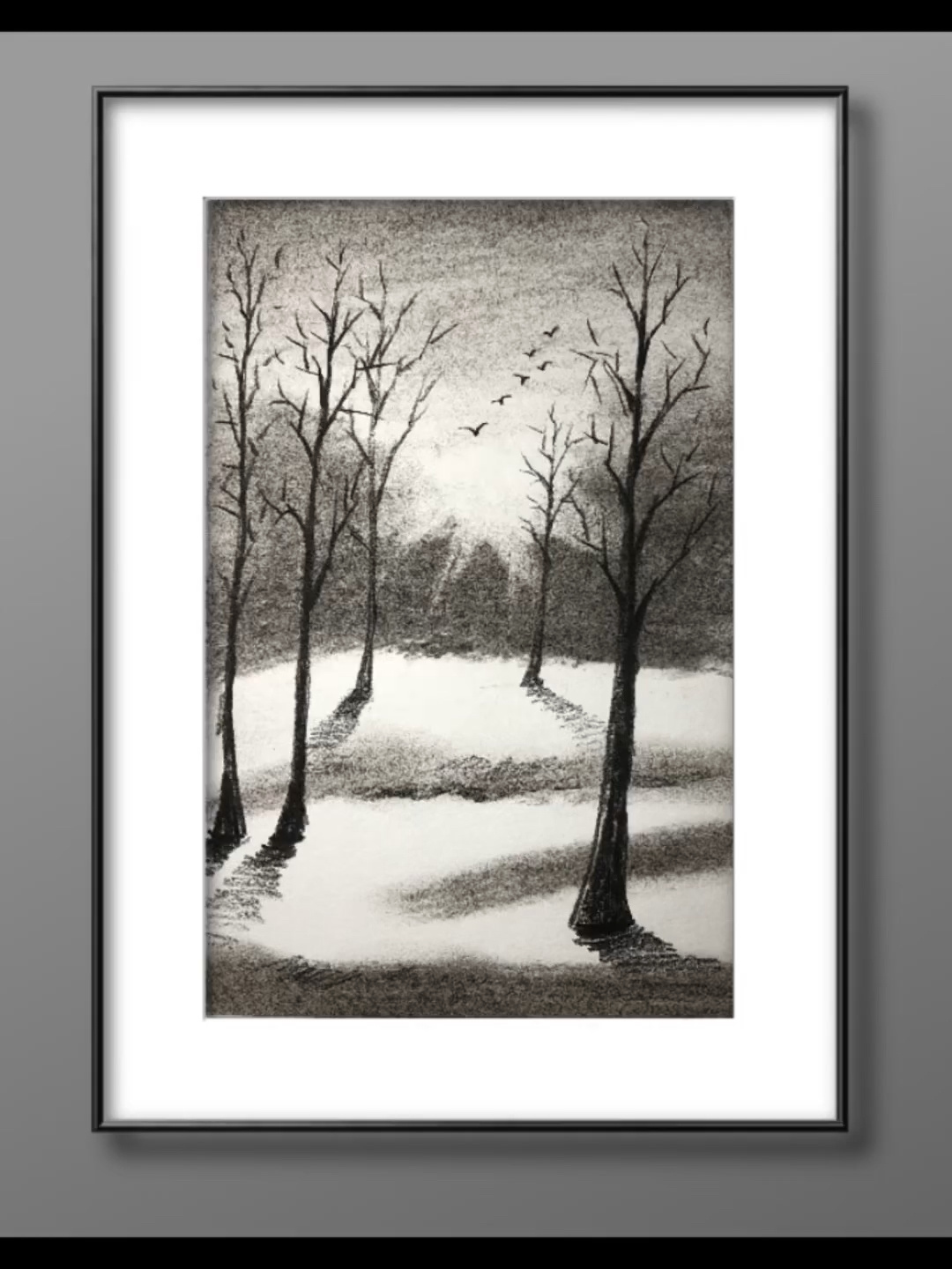 林间日落日出 素描风景画