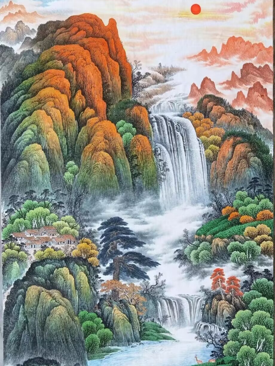 旭日东升,聚水招财,福居宝地,吉祥风水画