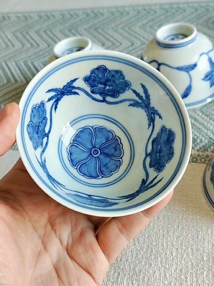 明成化青花秋葵纹碗杯,栀子花折枝花卉茶杯