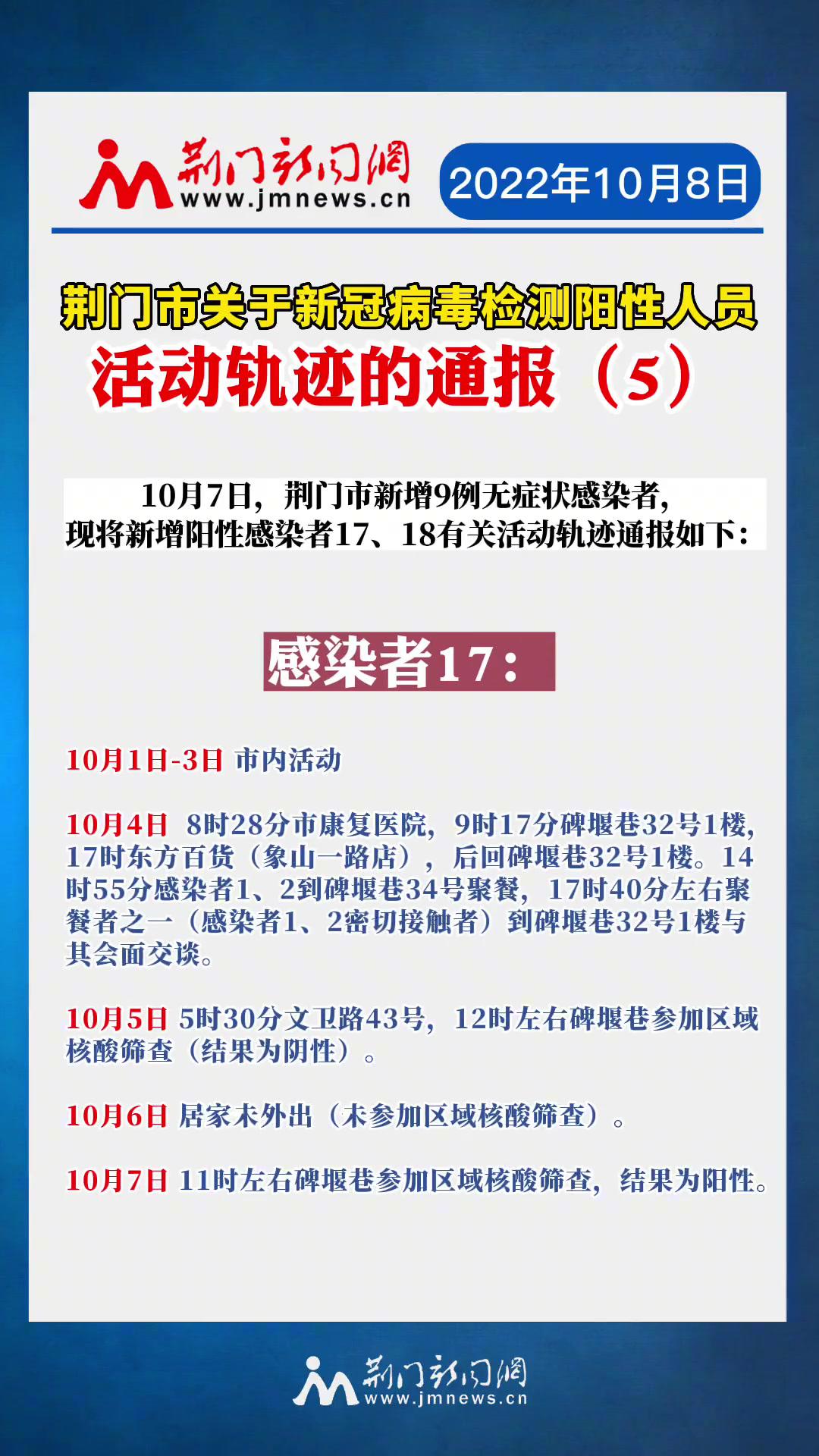 荆门市关于新冠病毒检测阳性人员活动轨迹的通报(5)最新疫情通报 荆门