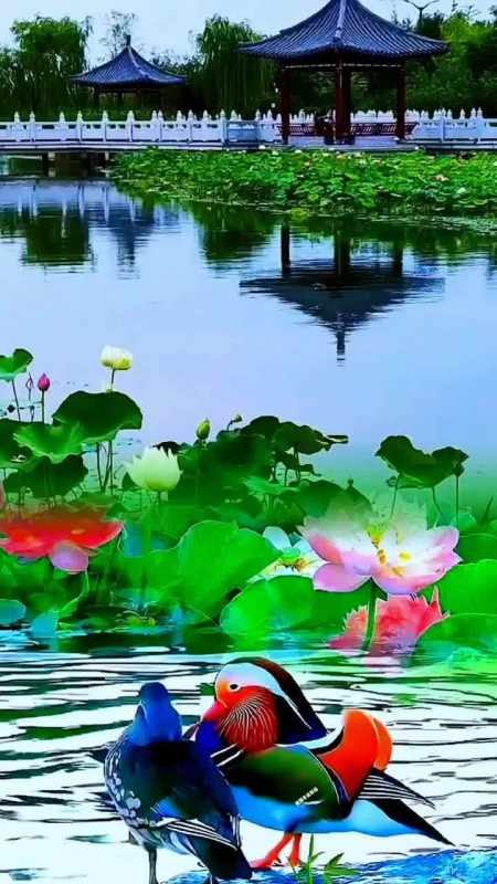 荷花池里的鸳鸯戏水感受大自然的气息和美景万物皆有情最治愈的便是
