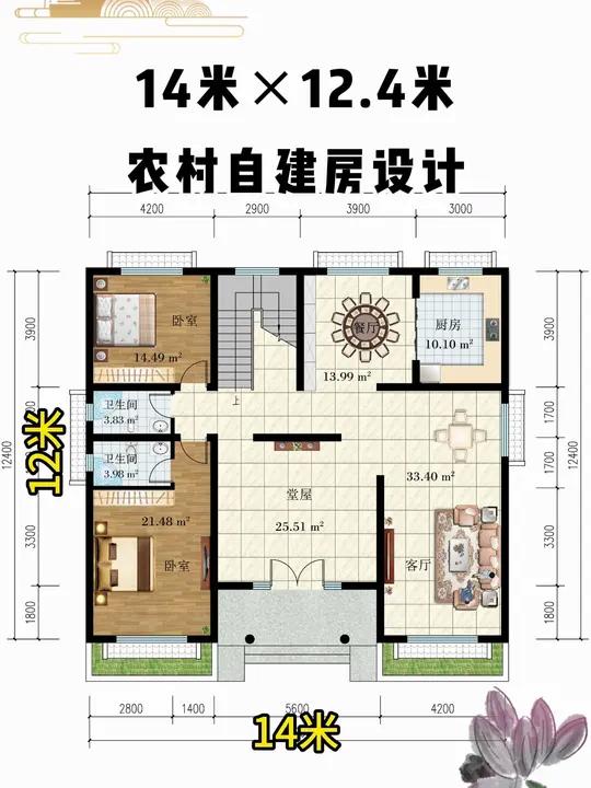 农村别墅布局分享,面宽14米进深12米的二层自建房户型设计