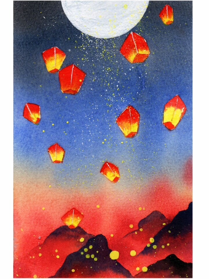 针对零基础古风水彩孔明灯手绘画画过程-度小视