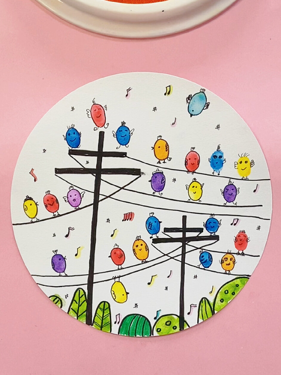 创意儿童手指画《电线杆上的小鸟》,暑假在家