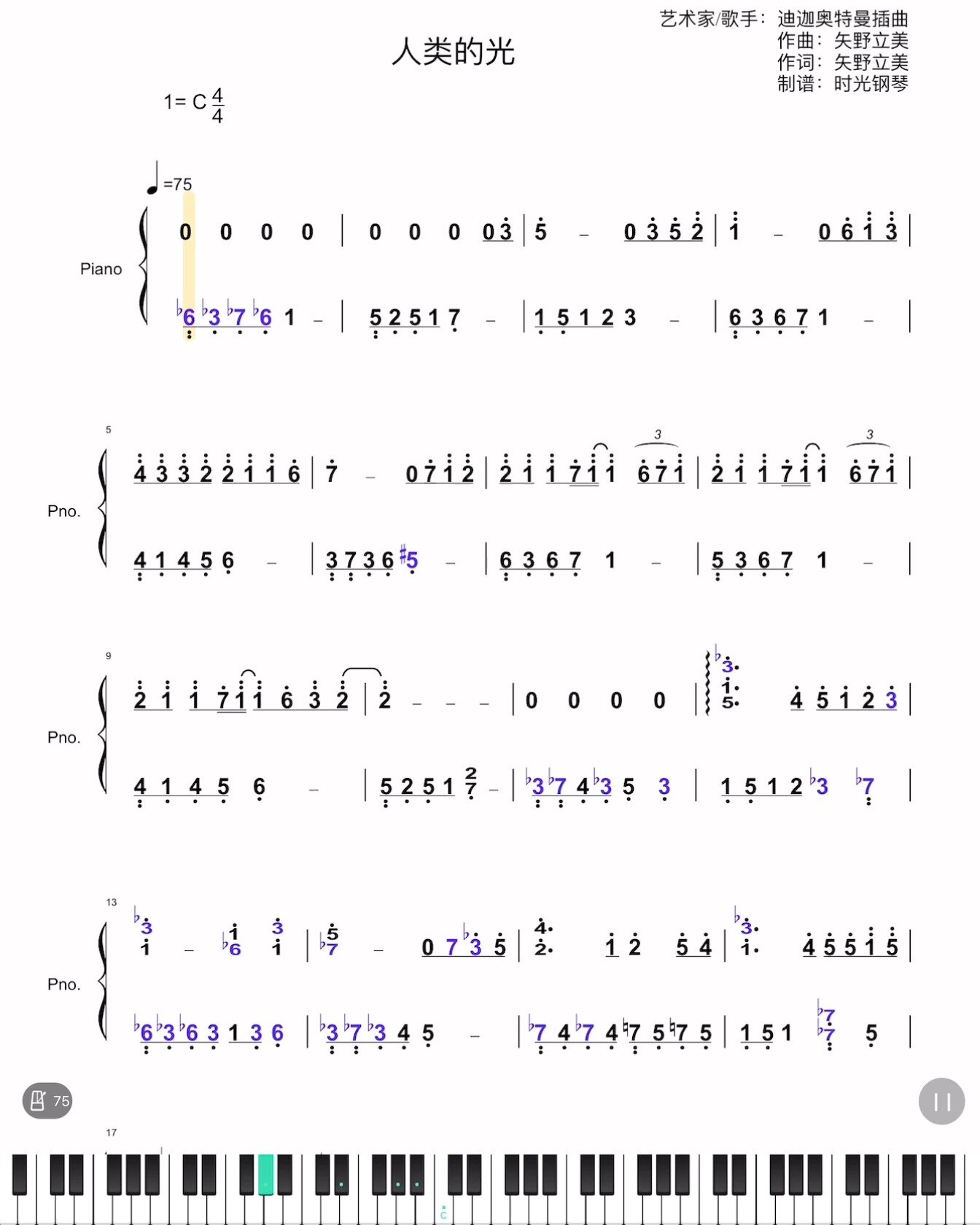 迪迦奥特曼钢琴数字谱图片