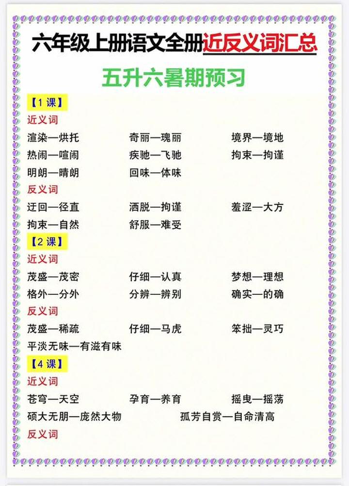 六年级近义词反义词练习卷(小学六年级近义词反义词大全)