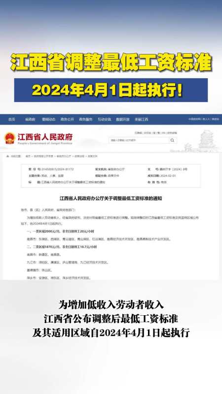 江西省調整最低工資標準2024年4月1日起執行