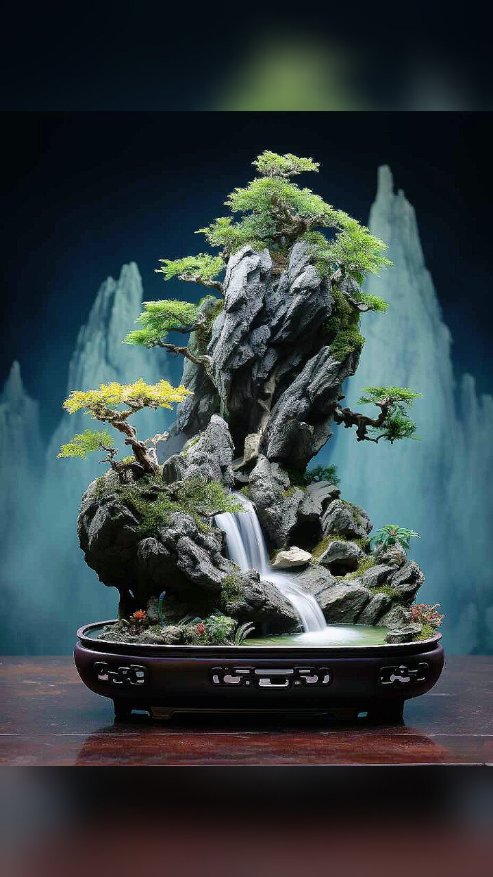山石奇峰盆栽,碧泉叠瀑的美丽景色