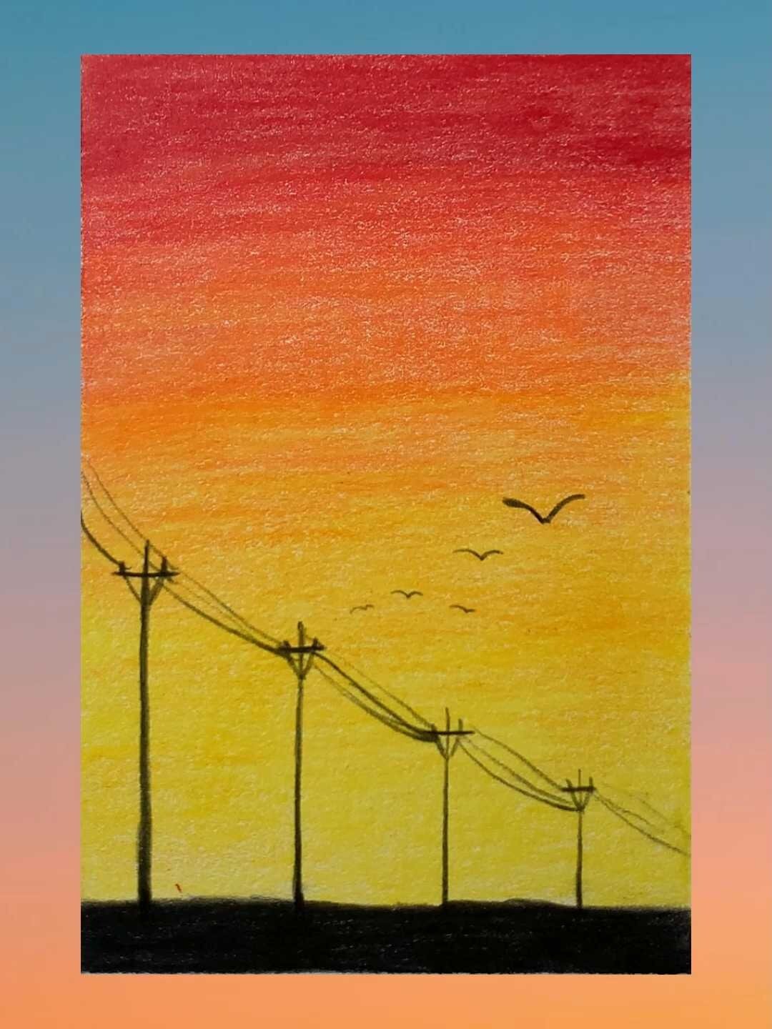 有手就会的彩铅夕阳风景画