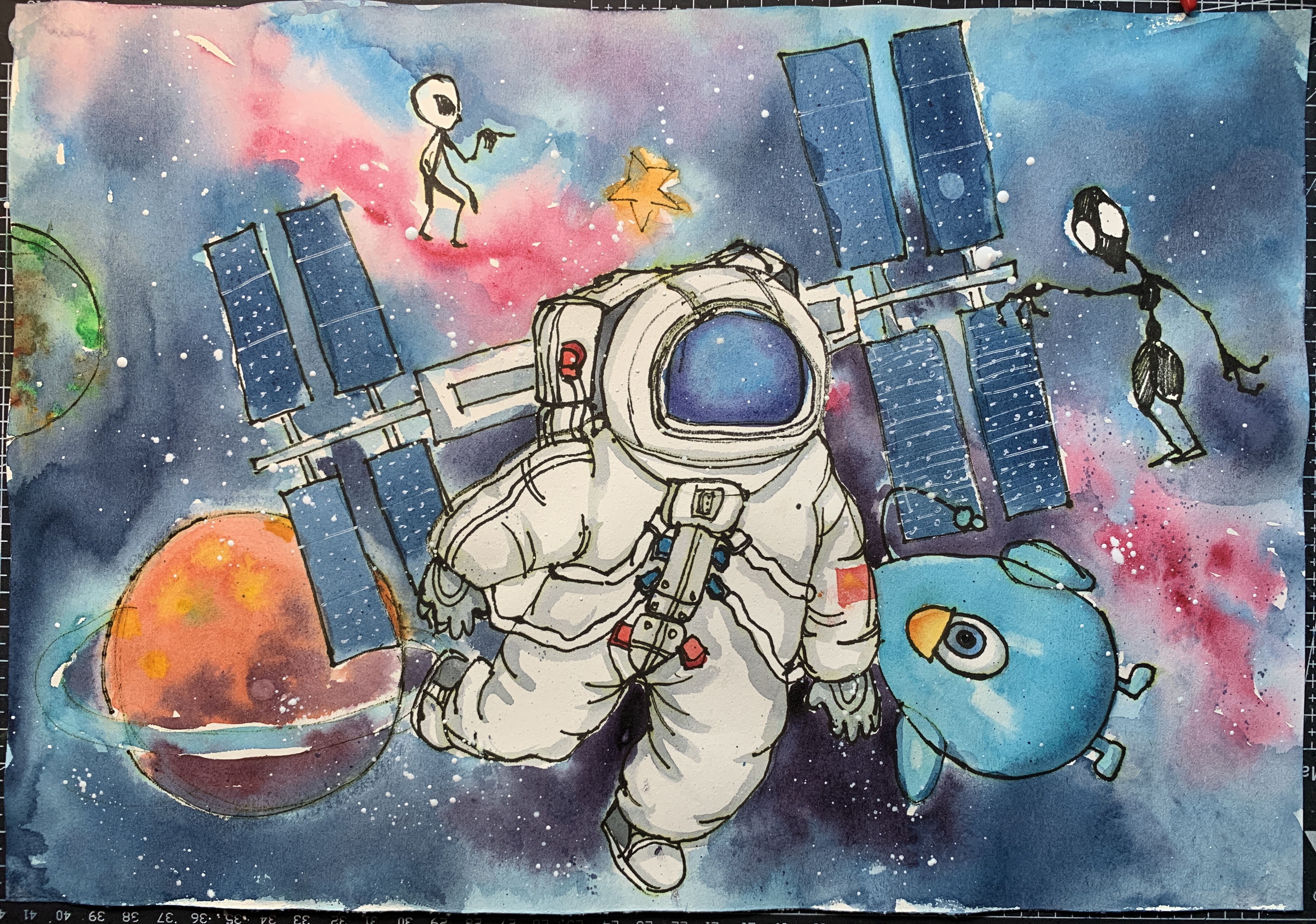 少儿美术航天主题创作,儿童画创意美术宇航员卫星的上色完整过程