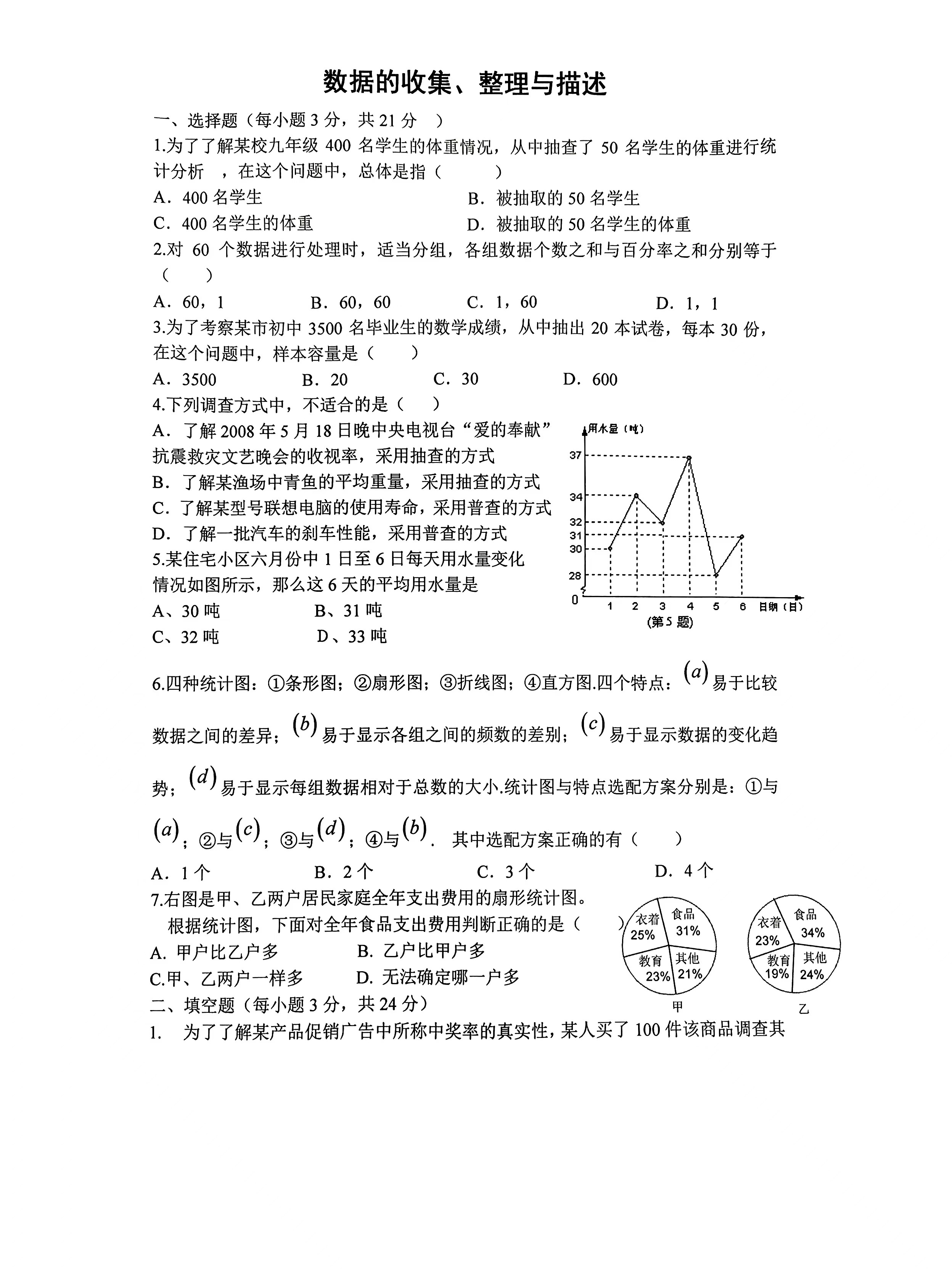 七年级上册第4章 数据的收集,整理与描述单元测试题(初中数学)