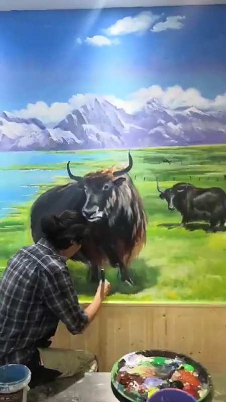 牦牛草原青海湖雪山融为一体的墙绘壁画-度小视