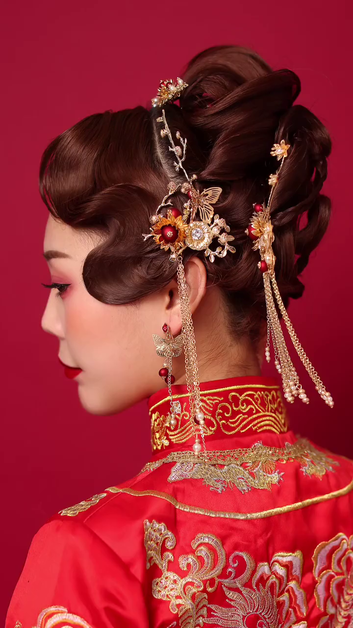 中式婚礼秀禾造型手推波纹发型教程