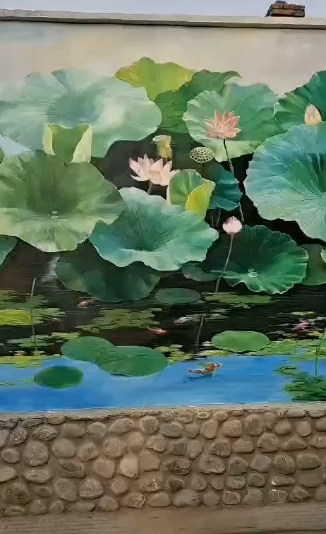 美丽乡村墙绘油画写实荷花壁画-度小视