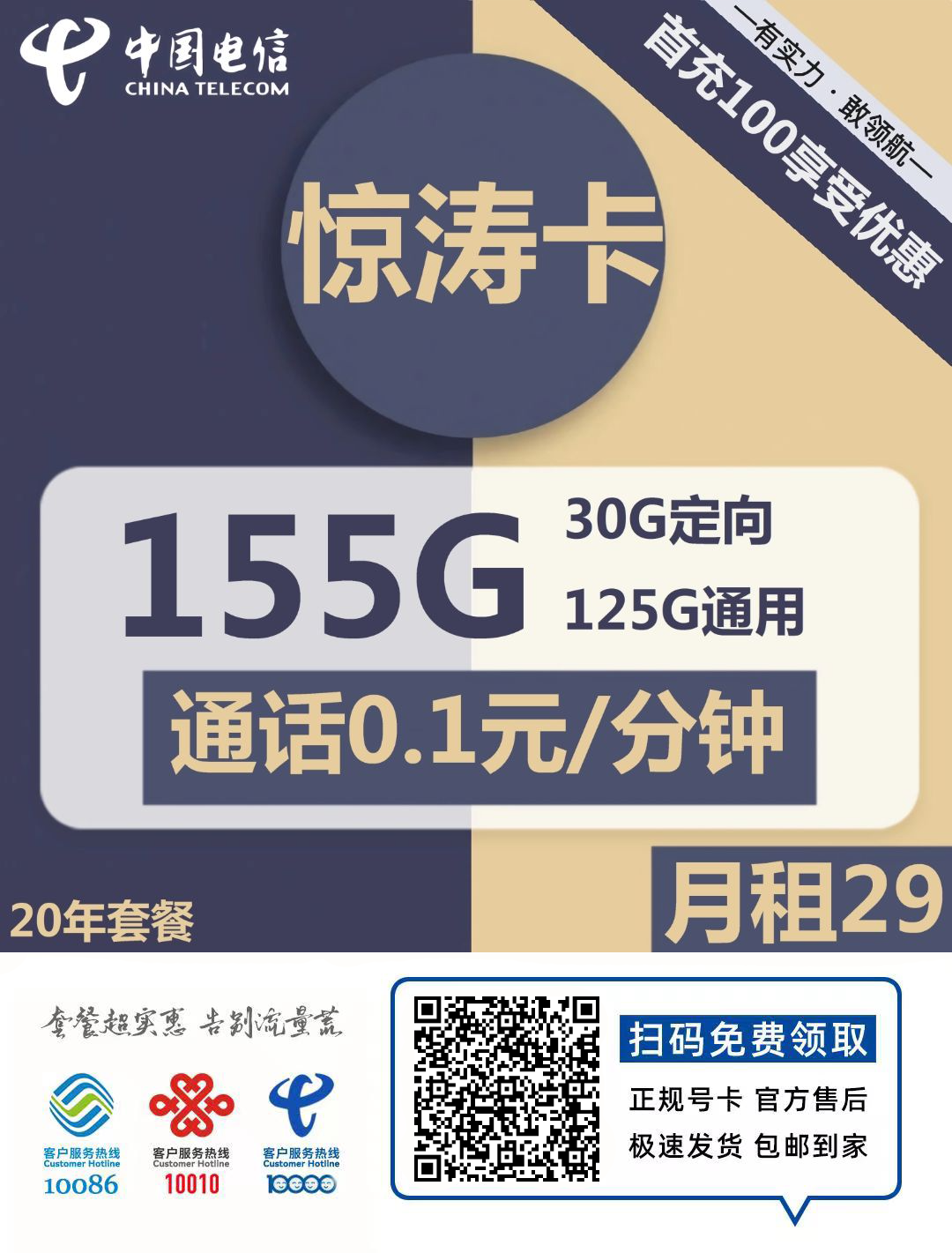 『车门已关』电信惊涛卡 29元/月：125G通用+30G定向，20年套餐，本地归属，激活选号插图2羊毛日报