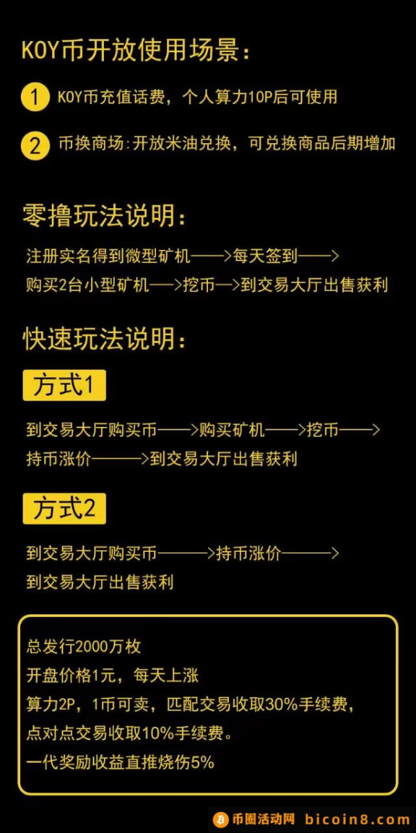 首码！KOY数链昨天刚上线，挖K模式、无广告。每日签到即可