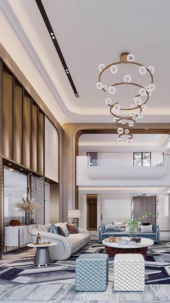 装修效果欣赏:轻奢别墅挑空客厅设计