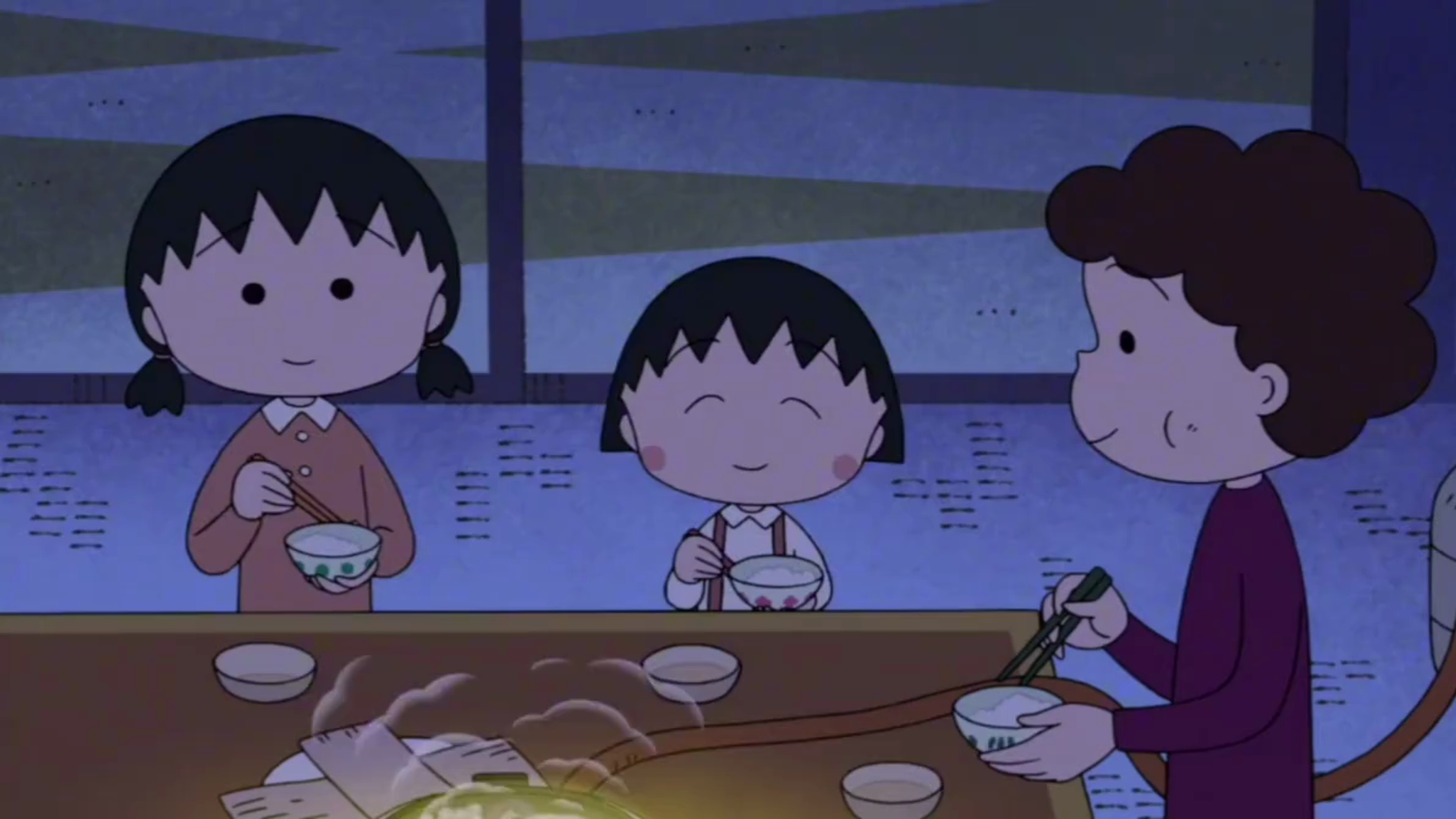 樱桃小丸子:月夜里的牛肉火锅,小丸子和家人们在晚上吃夜宵