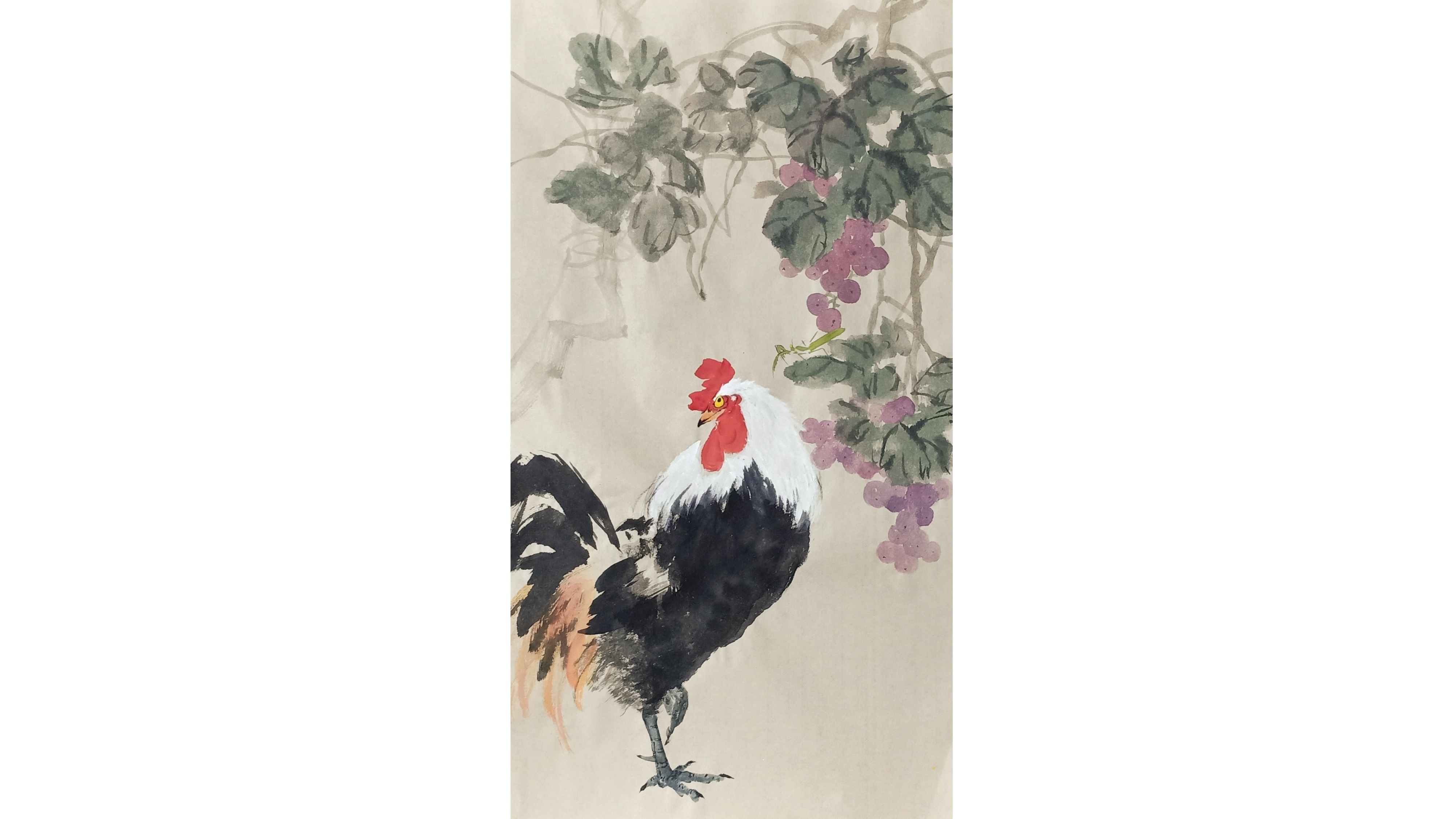 公鸡螳螂·葡萄·国画