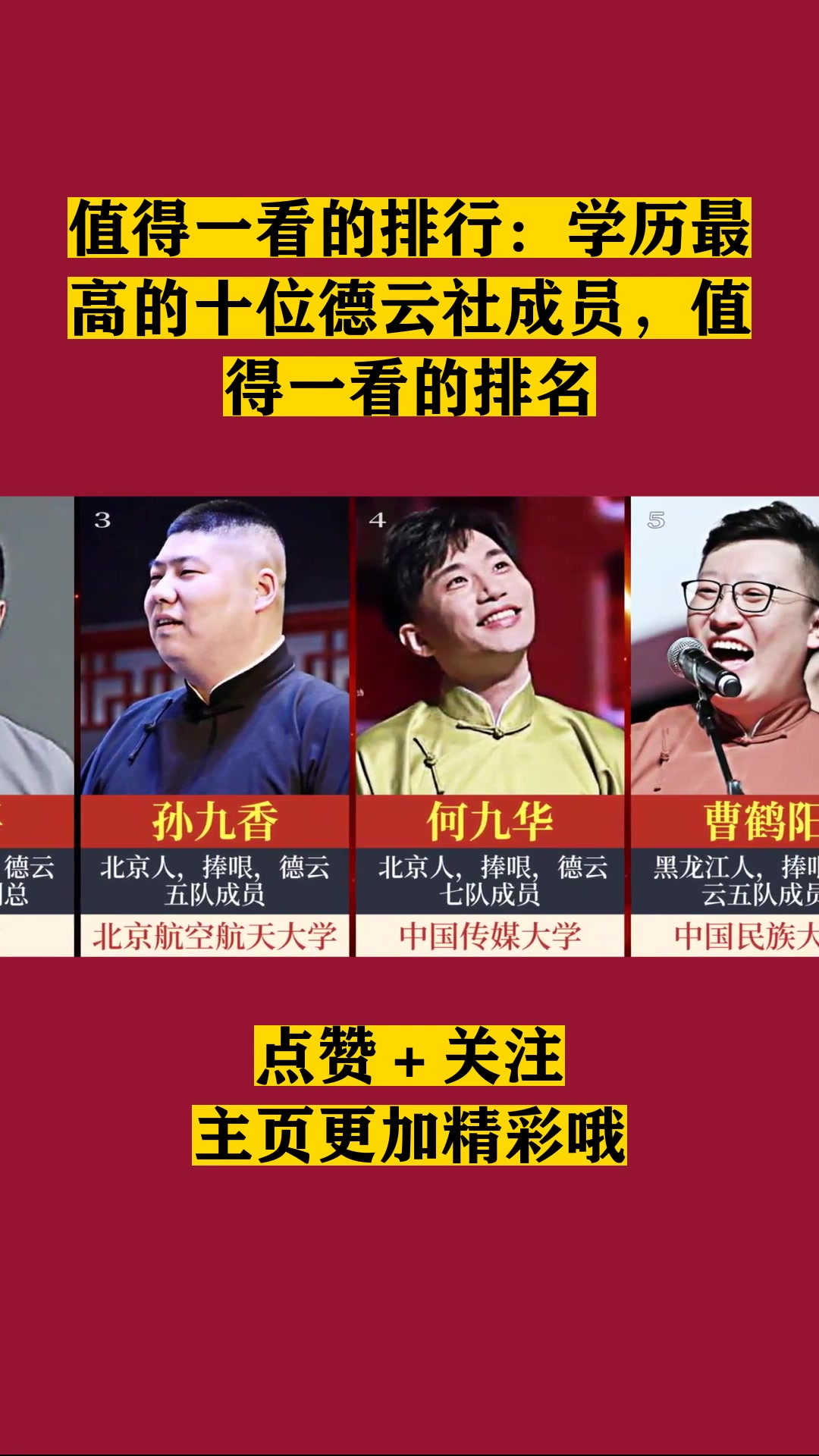 值得一看的排行:学历最高的十位德云社成员,值得一看的排名