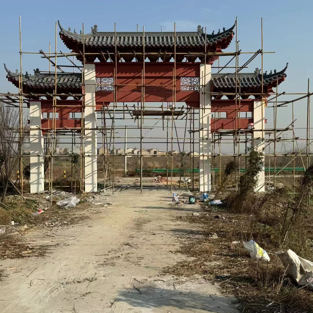 河池村庄入口仿古石制门楼牌坊安装