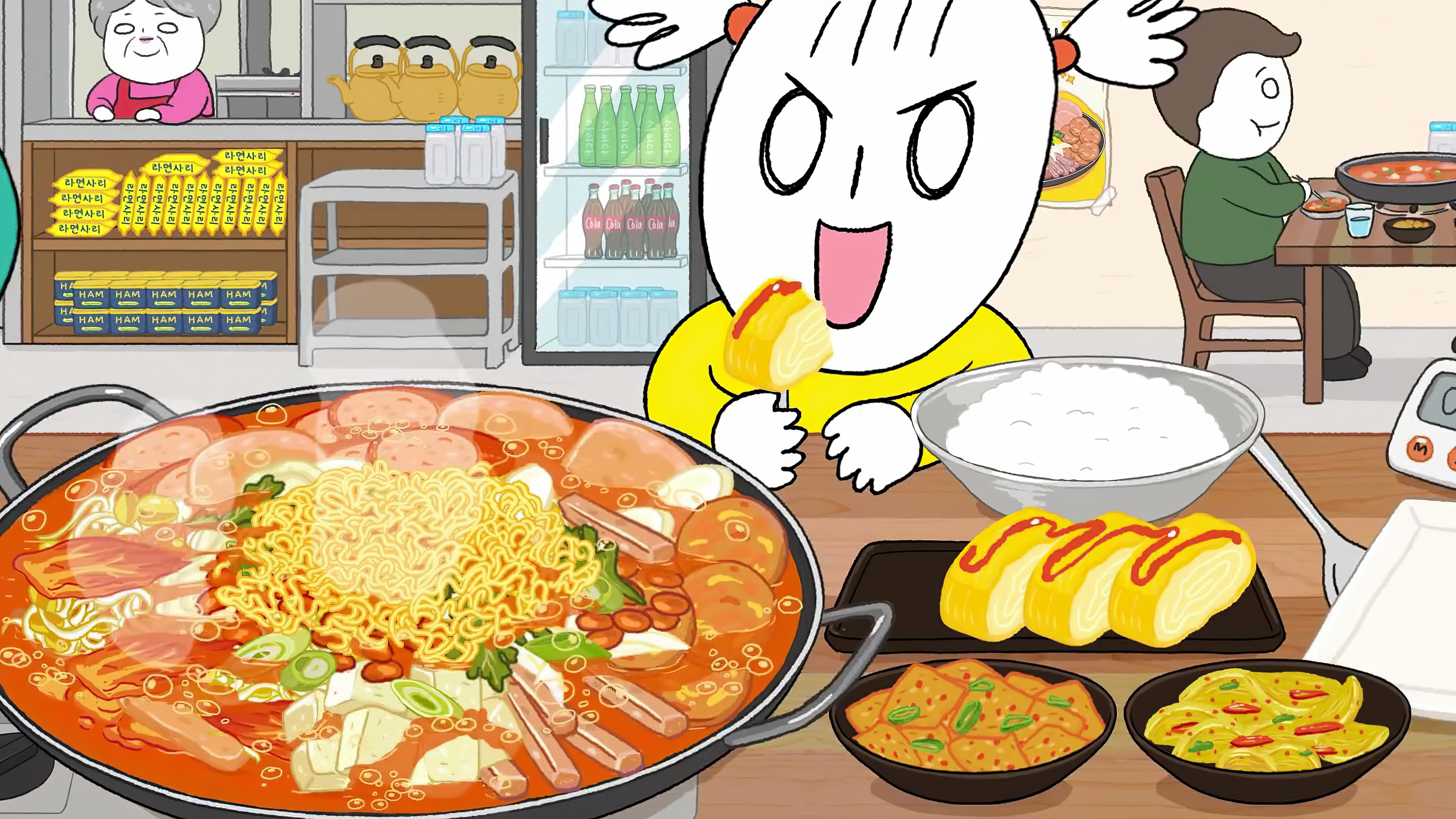 foomuk动画美食,小女孩胃口真好,一大盘的部队火锅,一会消灭光