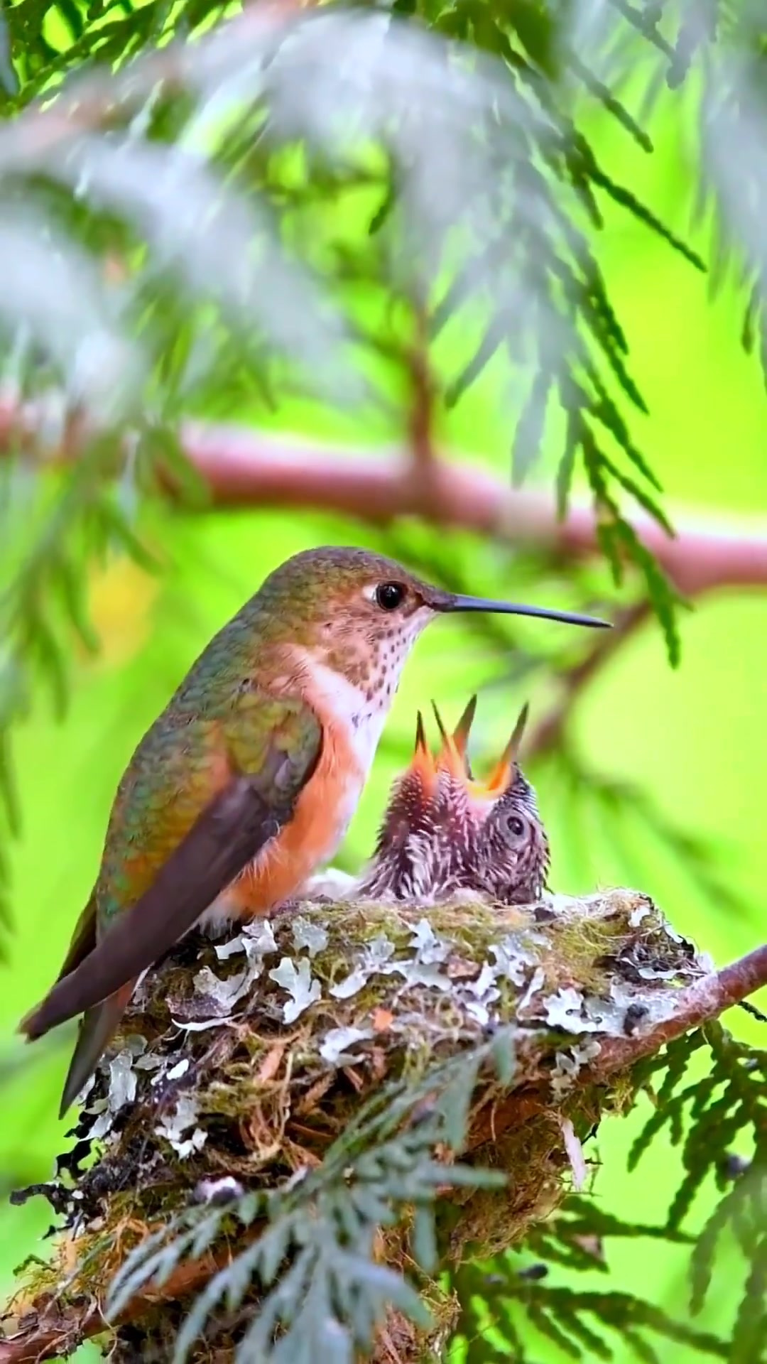 鸟妈妈从它的嘴里把食物递给了他孩子吃