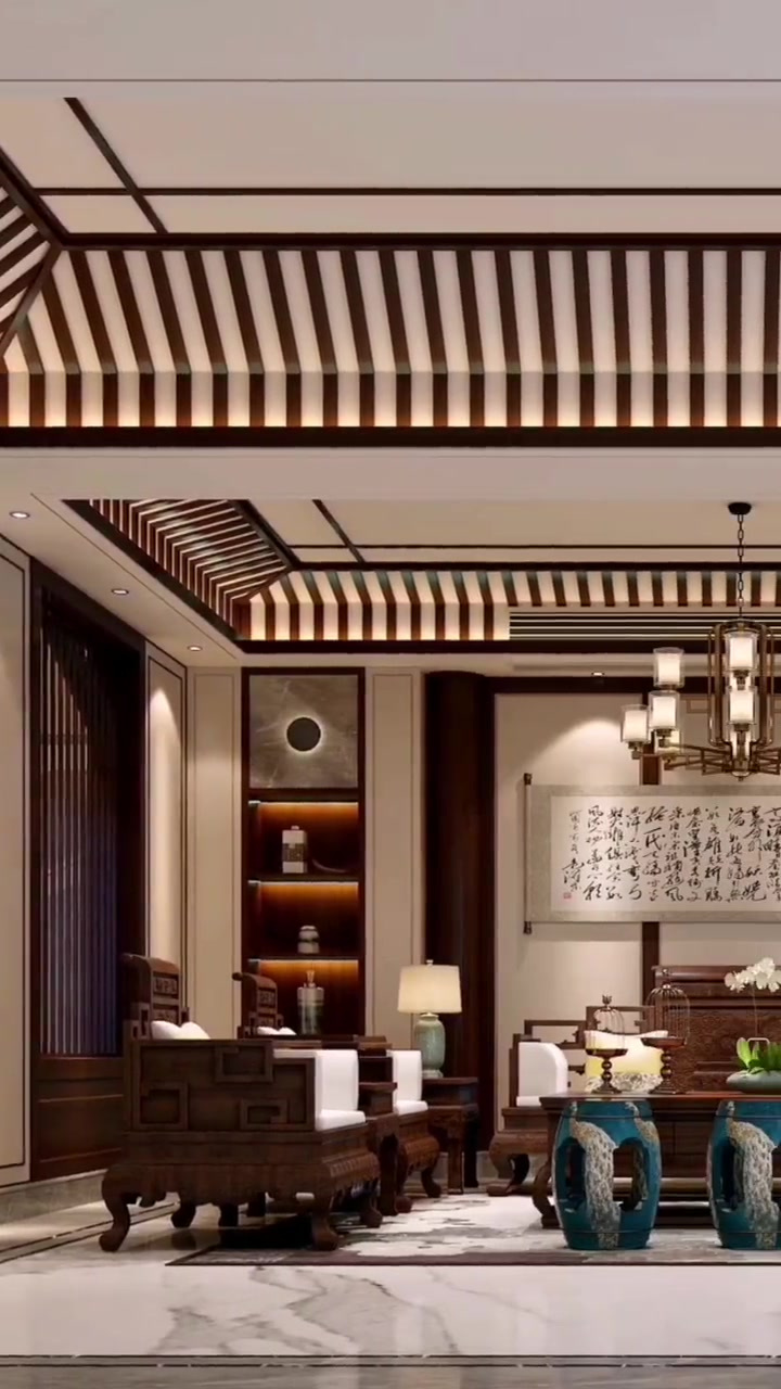 装修效果欣赏:新中式别墅会客厅设计