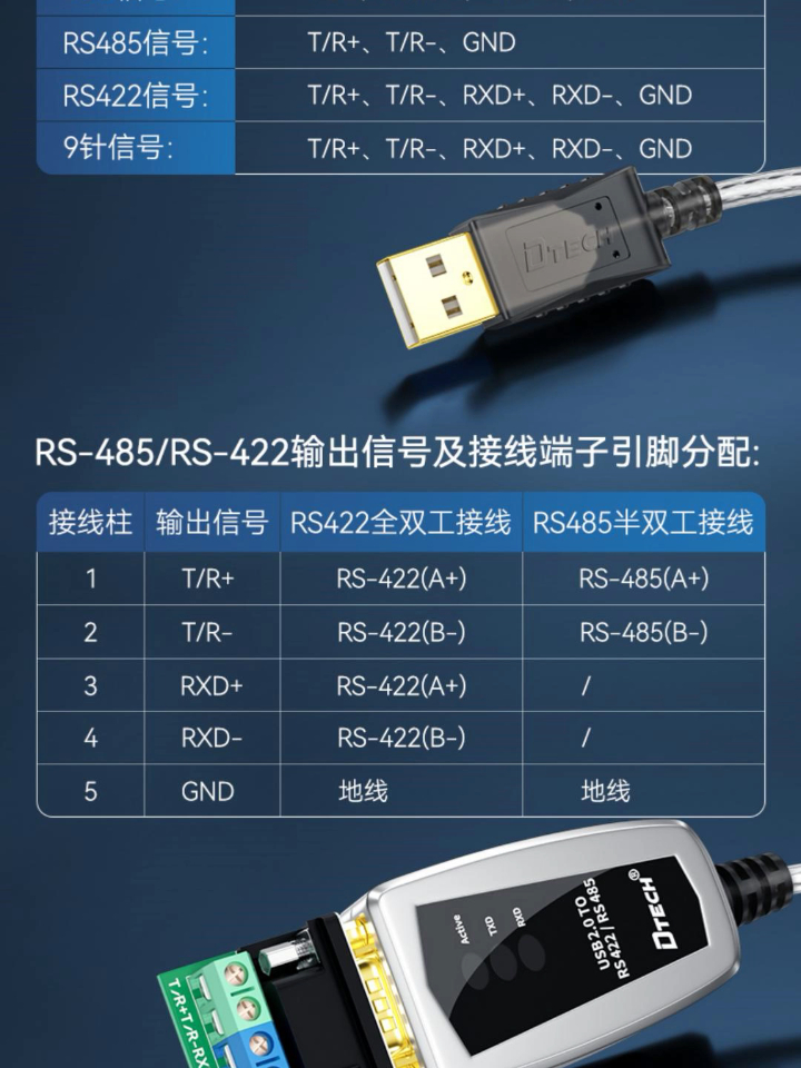 帝特usb转rs485rs422串口线接线详解