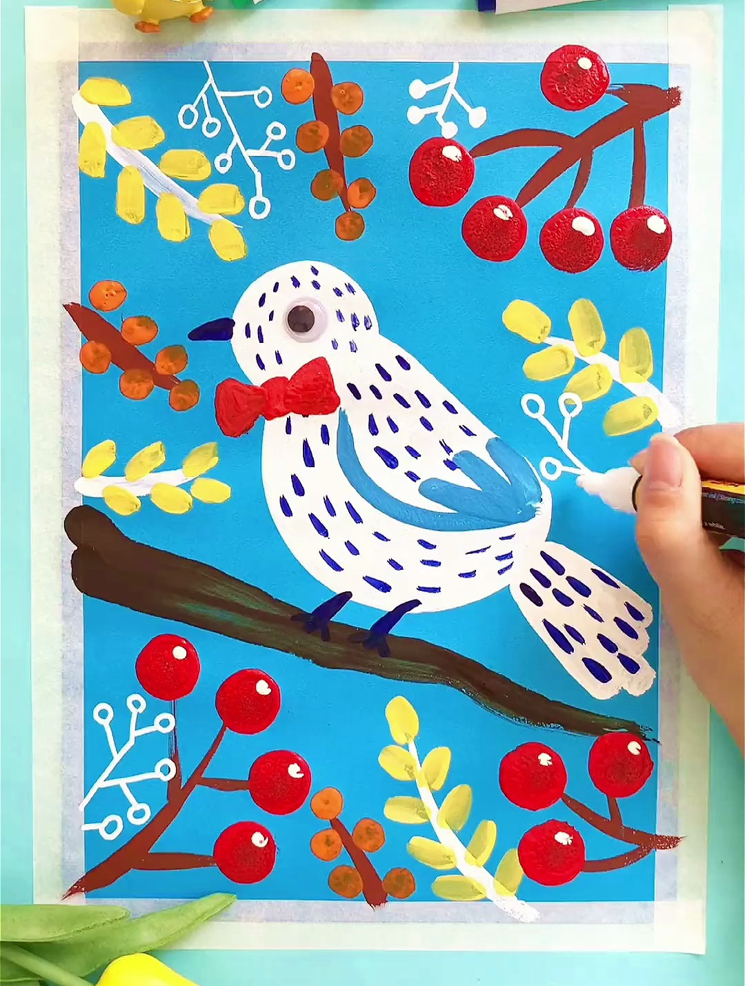 《森林里的小鸟》适合5岁宝宝的创意儿童画,水粉颜料 丙烯马克笔