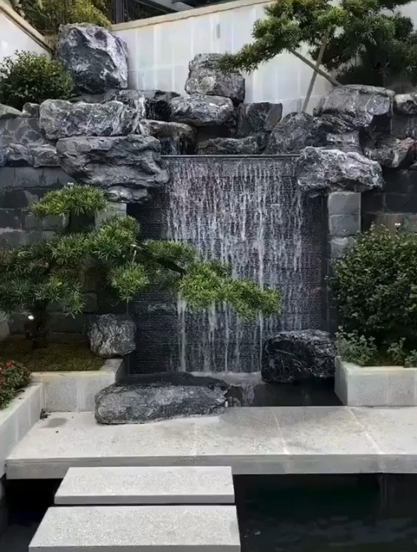 黑山石景观设计 庭院景观 流水瀑布 水景墙