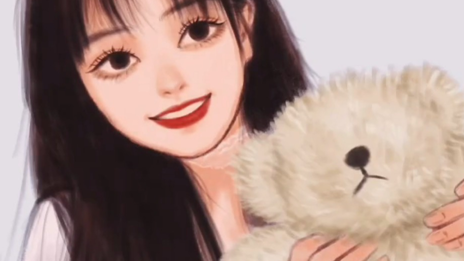 手绘怀抱小熊的女孩头像绘画过程