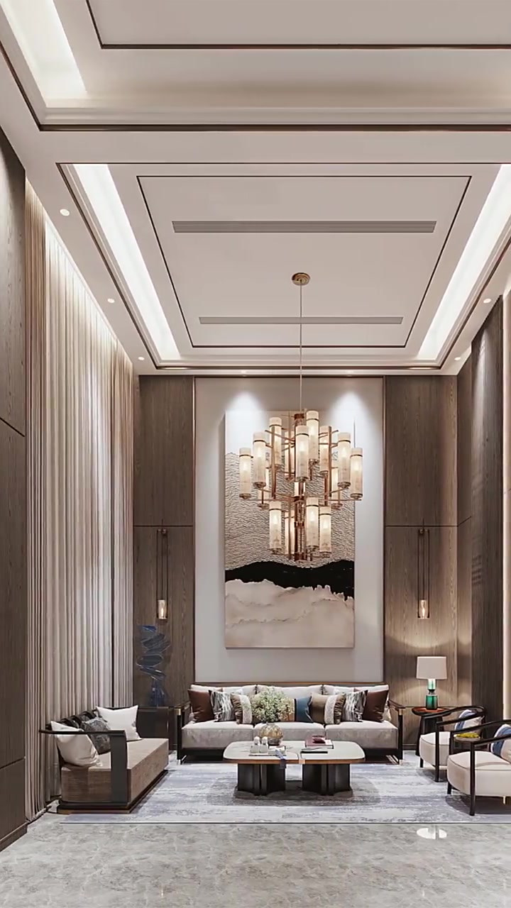 装修效果欣赏:新中式别墅挑空客厅背景设计-度小视